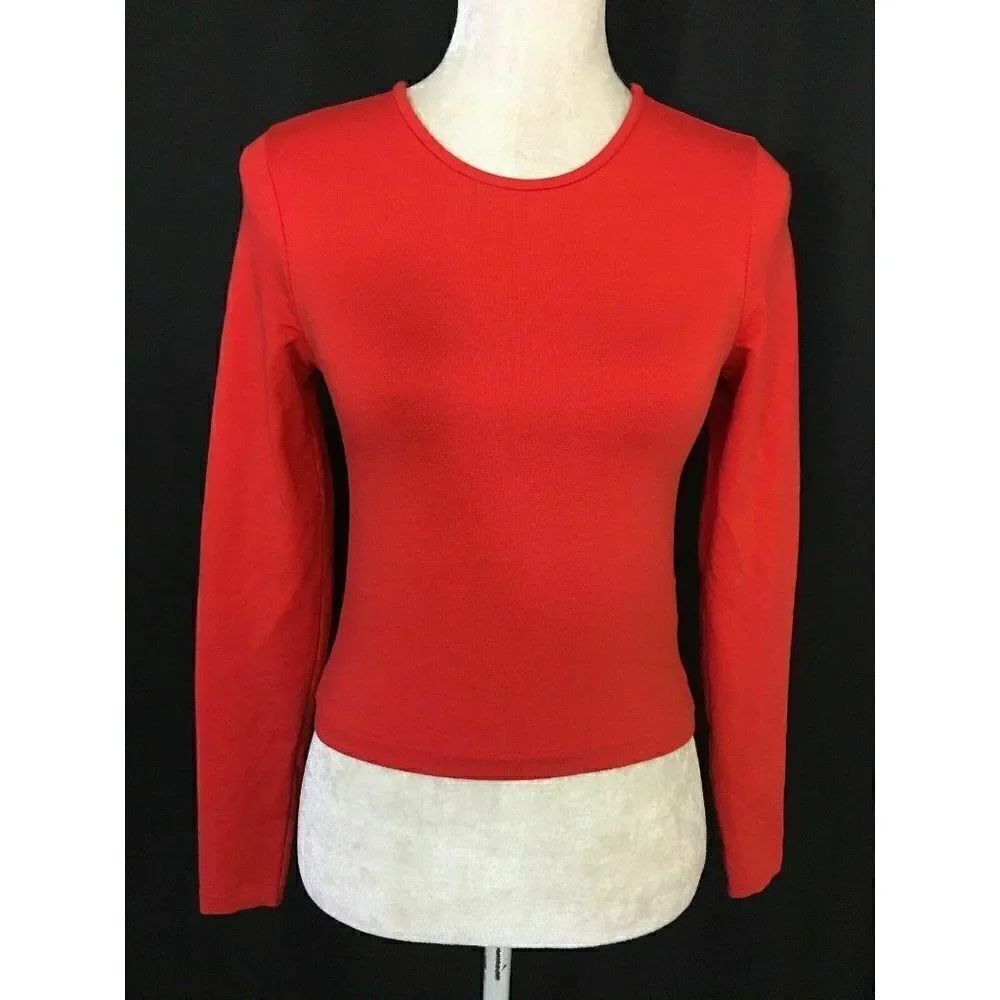 Zara Womens Solid Red Scoop Neck Long Sleeve Fitted Top t shirt Small